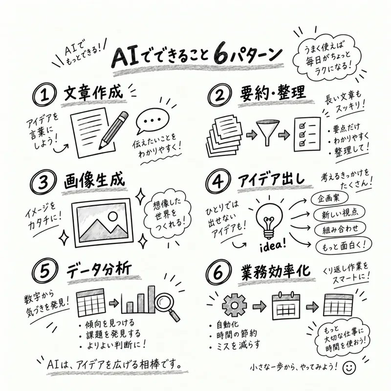 AIの活用例:文章作成、要約・整理、画像生成、アイデア出し、データ分析、業務効率化